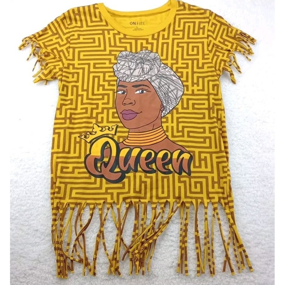 On Fire Brand Fringe Tassel African‎ Black Queen Yellow & Brown Shirt Size M